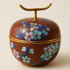 Vintage Cloisonné Apple-Shaped Trinket Box With Floral Design & Enamel Interior
